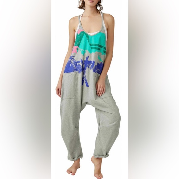 free people movement Pants - FP Movement Hot Shot Printed Onesie Small Gray Ski Graphic Jumpsuit Romper Comfy